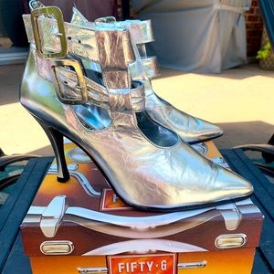 NEW IN BOX Fifty-6  Silver Leather Buckle Booties